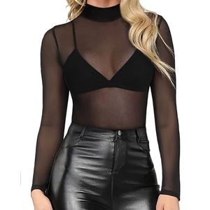 NWT TANBABY Long Sleeve Bodycon Clubwear Sheer Pure Mesh Top